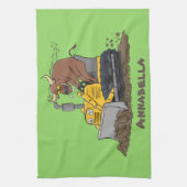 Funny bull Driving Bulldozer cartoon Theedoek (Verticaal)