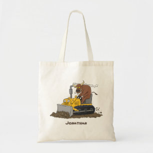 Funny bull Driving Bulldozer cartoon Tote Bag