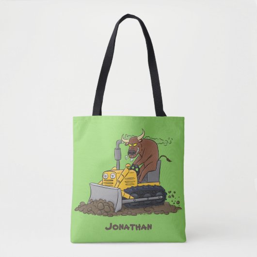 Funny bull Driving Bulldozer cartoon Tote Bag (Voorkant)