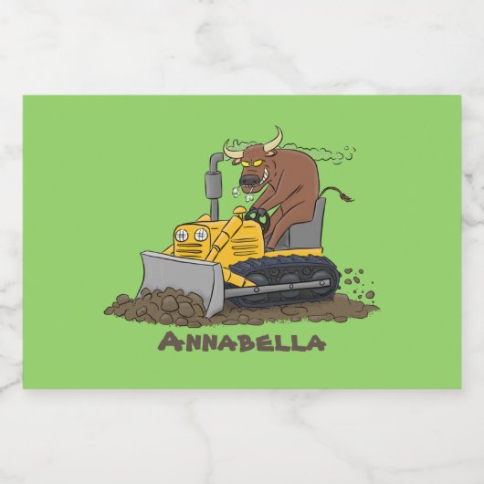 Funny bull Driving Bulldozer cartoon Voedselcontainer Etiket (Enkel label)