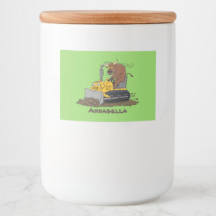 Funny bull Driving Bulldozer cartoon Voedselcontainer Etiket