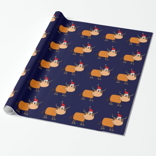 Funny Bull in Santa Hat-kerstontwerp Cadeaupapier (Uitgerold)