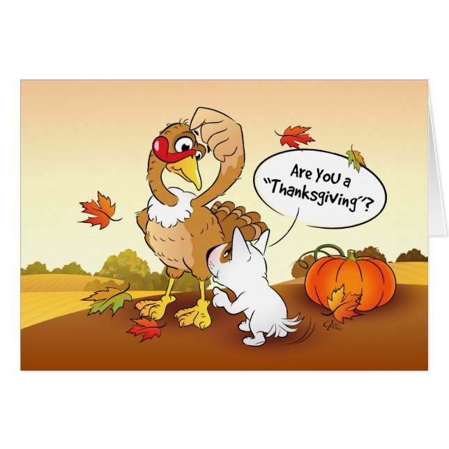Funny Bull Terrier Cartoon Thanksgiving Kaart (Voorkant Horizontaal)