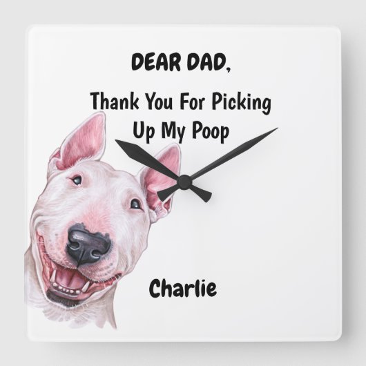 Funny Bull Terrier Waterverf Canine Art Vierkante Klok (Voorkant)