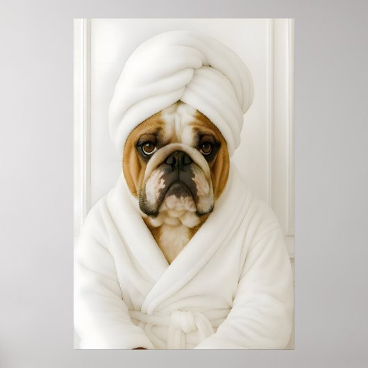 Funny Bulldog Bathroom Print, Bulldog In Bathrobe Poster (Voorkant)