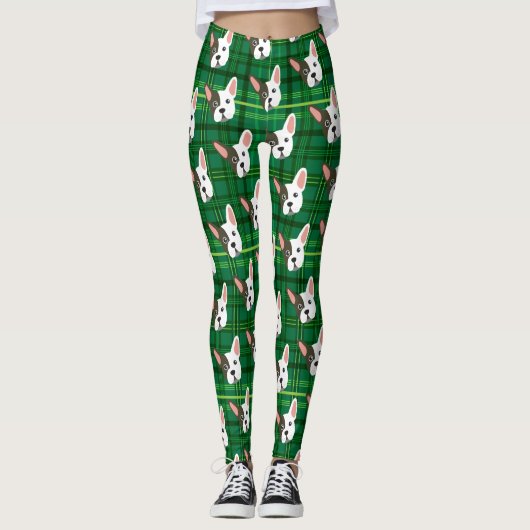 Funny Bulldog Green Plaid Trendy Schattige Dog Leggings (Voorkant)