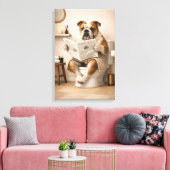 Funny Bulldog Reading Newspaper Bathroom Humor Canvas Afdruk (Insitu (Woonkamer))