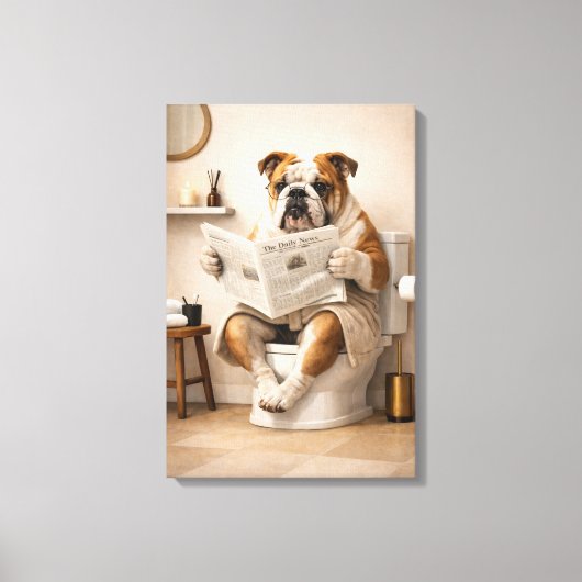 Funny Bulldog Reading Newspaper Bathroom Humor Canvas Afdruk (Voorkant)