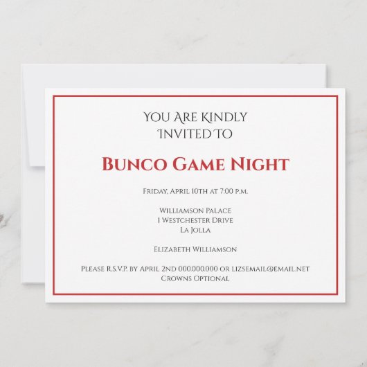 Funny Bunco Queen Party Night Kaart (Achterkant)