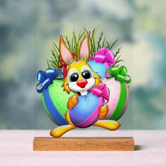 Funny Bunny biting an Easter Egg Acryl Bord (Neutraal)
