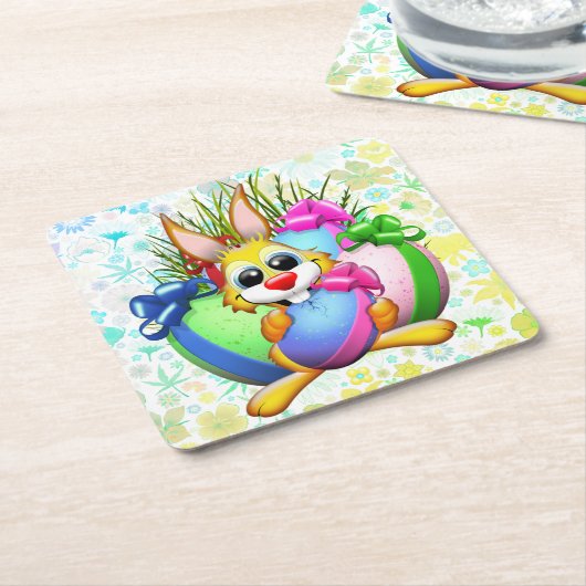 Funny Bunny biting an Easter Egg Kartonnen Onderzetters (Schuin)