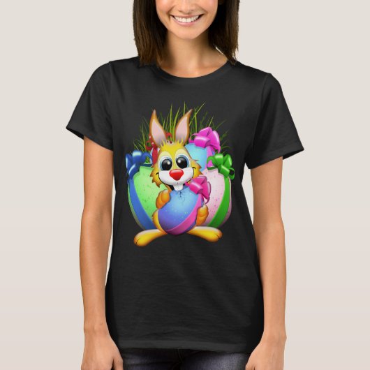 Funny Bunny biting an Easter Egg T-shirt (Voorkant)
