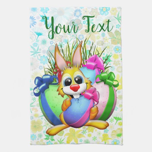 Funny Bunny biting an Easter Egg Theedoek (Verticaal)