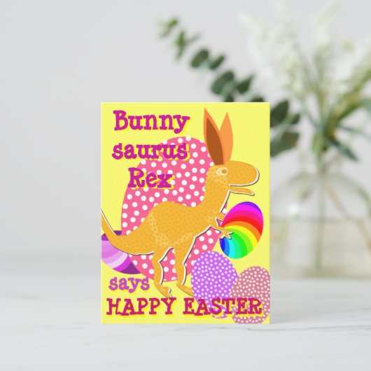 Funny Bunnysaurus Rex Happy Easter T-Rex Briefkaar Feestdagenkaart (Staand voorkant)
