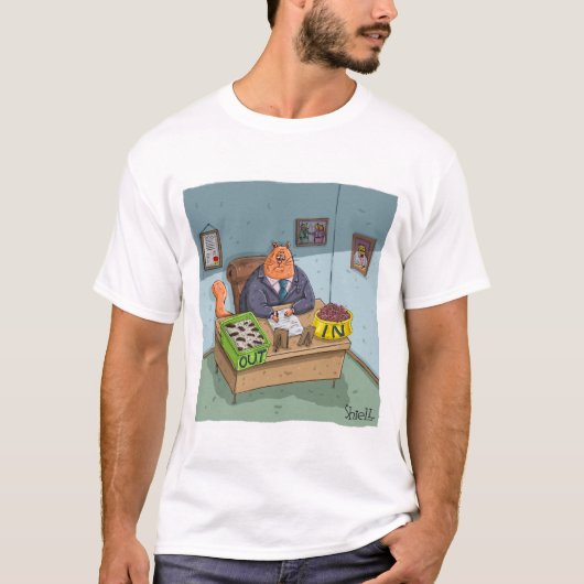 Funny Business Kat met in- en uitstrooisel. T-shirt (Voorkant)