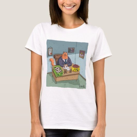 Funny Business Kat met in- en uitstrooisel. T-shirt (Voorkant)