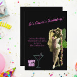 Funny  Butterfly Girl Birthday Invite Kaart<br><div class="desc">Fun & funky nodig voor volwassenen is uitgerust met een neoncocktail en een "happy hour" met een  vlinder met een enorme danser en roze aanpasbare tekst op een zwarte achtergrond.</div>