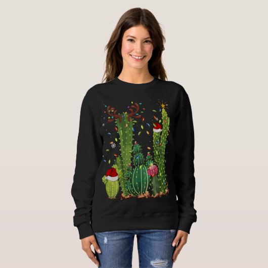 Funny Cactus Lights Santa Hat Sweater Xmas Tree Ch (Voorkant volledig)