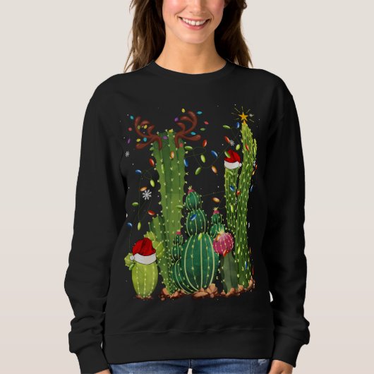 Funny Cactus Lights Santa Hat Sweater Xmas Tree Ch (Voorkant)