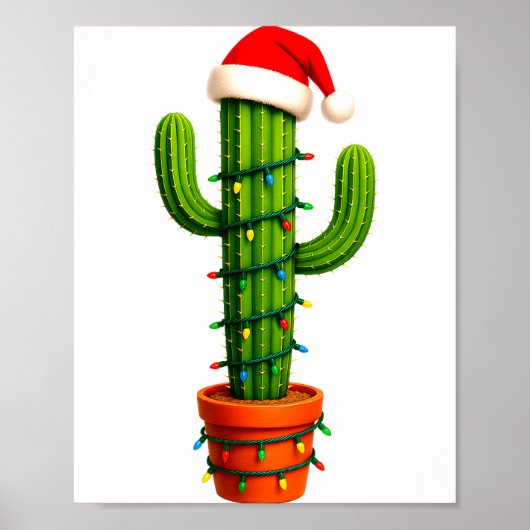 Funny Cactus Santa Hat Xmas Tree Lights Merry Chri Poster (Voorkant)