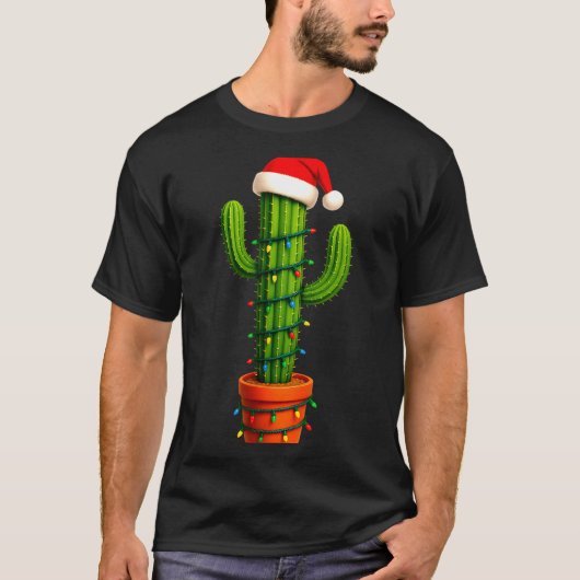 Funny Cactus Santa Hat Xmas Tree Lights Merry Chri T-shirt (Voorkant)