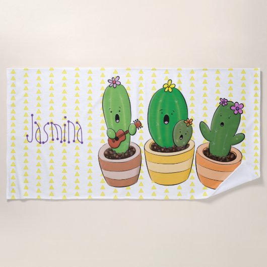 Funny cactus trio zingende cartoon illustratie strandlaken (Voorkant)