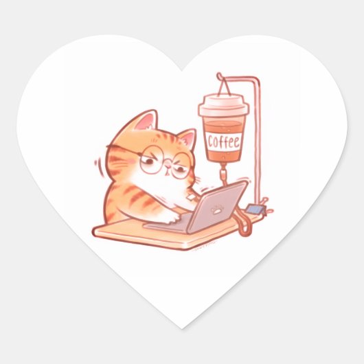 Funny Caffeinated Cat Sticker, Cute Overworked Gin Hart Sticker (Voorkant)