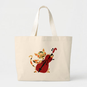 Funny Calico Cat Palling Cello Art Cartoon Grote Tote Bag