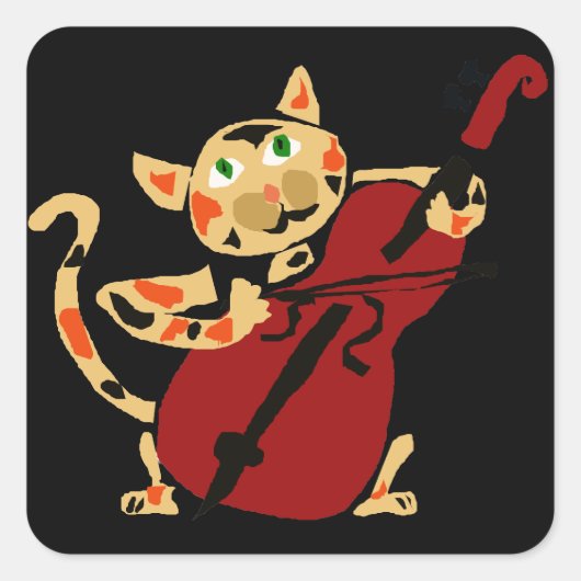 Funny Calico Cat Spelen Cello Art Cartoon Vierkante Sticker (Voorkant)