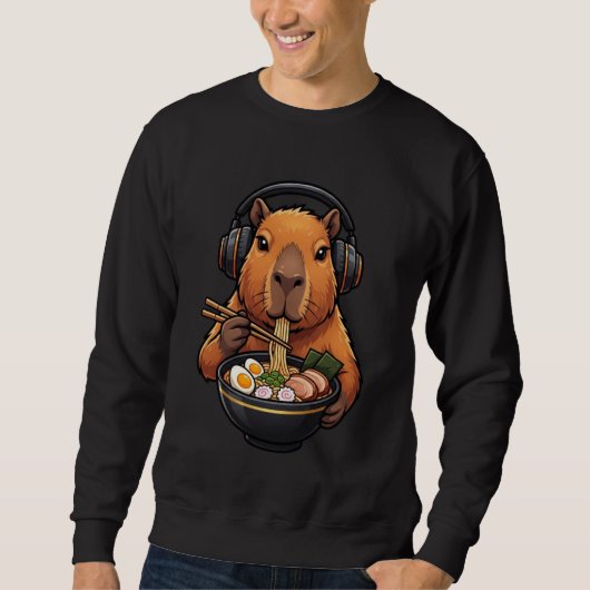 Funny Capybara Eating Ramen Noodles with Headphone Trui (Voorkant)