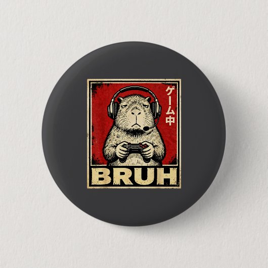 Funny Capybara Gamer Bruh Graphic Tee Men Boys Tee Ronde Button 5,7 Cm (Voorkant)