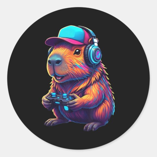 Funny Capybara Gamer Gaming Video Games Capybara Ronde Sticker (Voorkant)