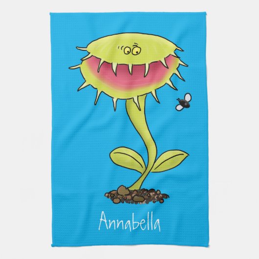 Funny carnivorous Venus fly trap plant cartoon Theedoek (Verticaal)