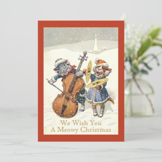 Funny  Caroling kerstkattenkat Pun Flat Feestdagenkaart (Staand voorkant)