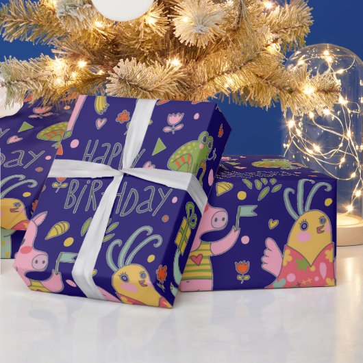 Funny Cartoon Animals Zing Happy Birthday Cadeaupapier (Feestdagen)