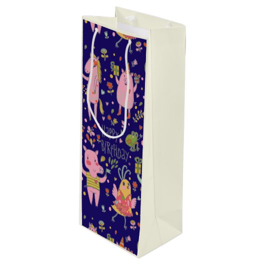 Funny Cartoon Animals Zing Happy Birthday Wijn Cadeautas (Voorkant Gekanteld)