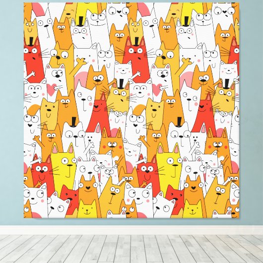 Funny Cartoon Cats Group Doodle Canvas Afdruk (Insitu (Houten vloer))
