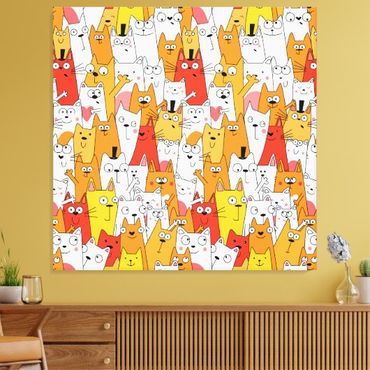 Funny Cartoon Cats Group Doodle Canvas Afdruk (Insitu (Woonkamer))