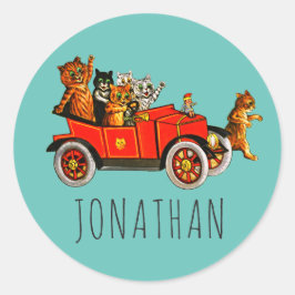  Funny Cartoon Cats Kittens in Classic Car Ronde Sticker