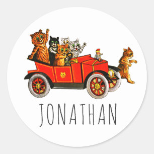  Funny Cartoon Cats Kittens in Classic Car Ronde Sticker