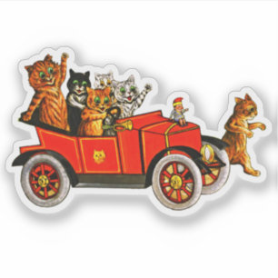 Funny Cartoon Cats Kittens in Classic Car Sticker