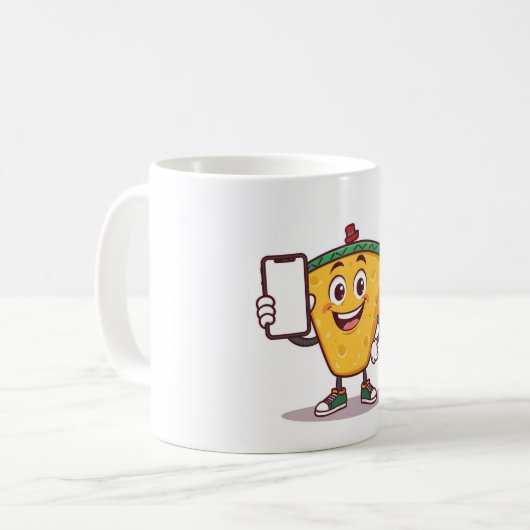 Funny Cartoon Character Holding a Phone – Coffee M Koffiemok (Voorkant links)