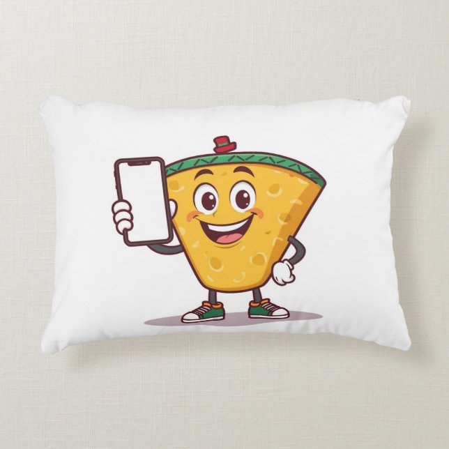 Funny Cartoon Character with Phone – Throw Pillow Accent Kussen (Voorkant)