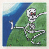 Funny Cartoon Dancing Skelet in Grass Hazy Moon Glazen Onderzetter (Voorkant)
