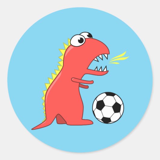 Funny Cartoon Dinosaur die voetbal speelt Ronde Sticker (Voorkant)