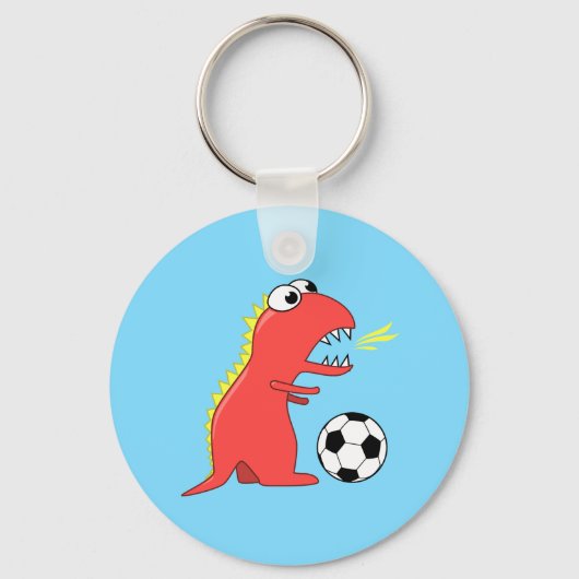 Funny Cartoon Dinosaur die voetbal speelt Sleutelhanger (Voorkant)