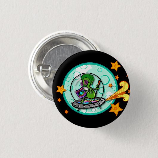FUNNY CARTOON DISCO ALIEN ROUND BUTTON (Voorkant /achterkant)