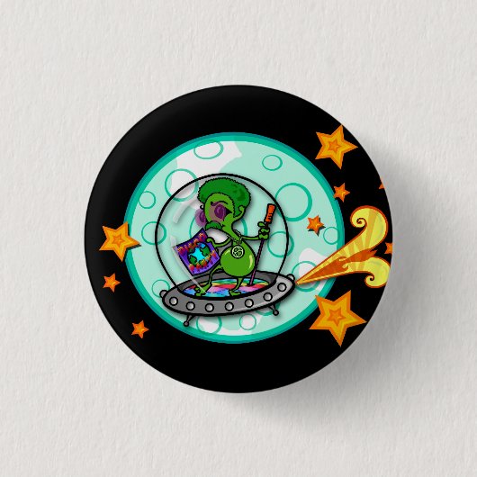FUNNY CARTOON DISCO ALIEN ROUND BUTTON (Voorkant)