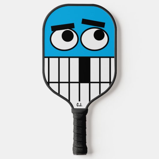 Funny cartoon face pickleball paddle met initialen (Voorkant)