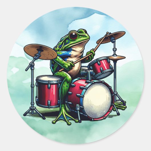 Funny Cartoon Frog Spelen De Drums Ronde Sticker (Voorkant)